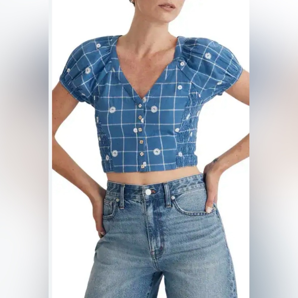 Madewell Blue Cropped Button Front Top